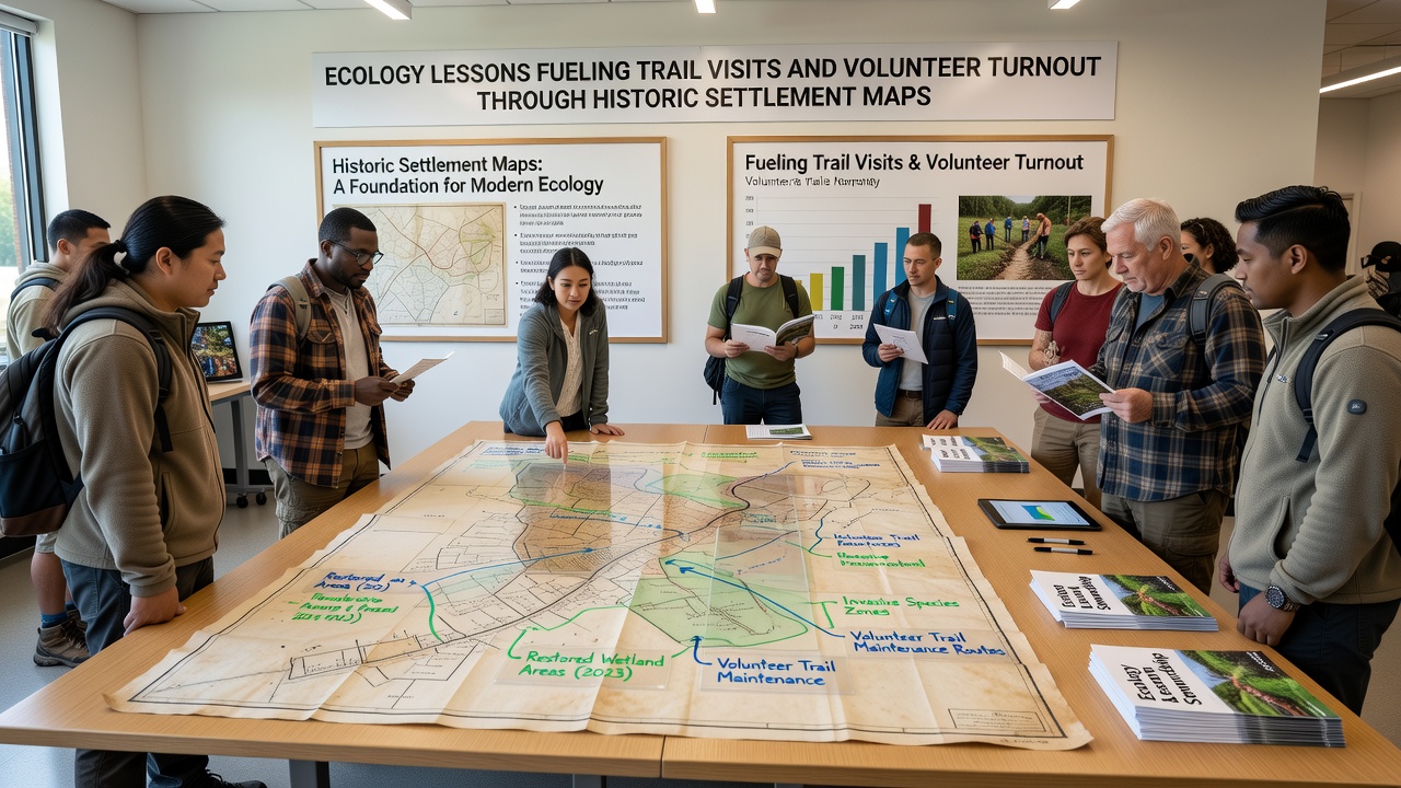 Volunteers reviewing historic settlement maps during a trail restoration planning session