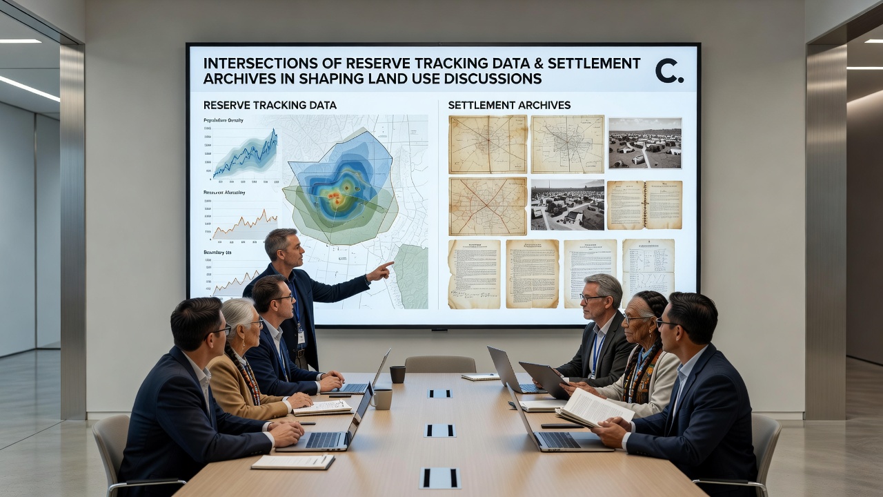 Archival documents and digital tracking interface side by side during a land planning session